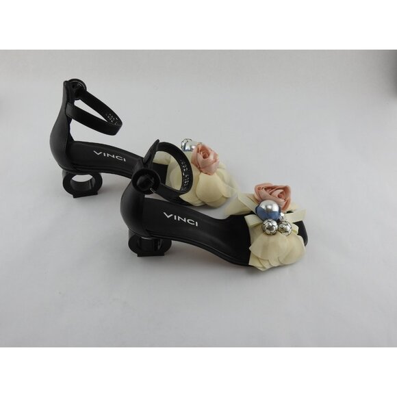 VINCI Black Leather Floral Embellished Ankle Strap Loop Heel Sandal Size 35 Turk - Picture 8 of 16